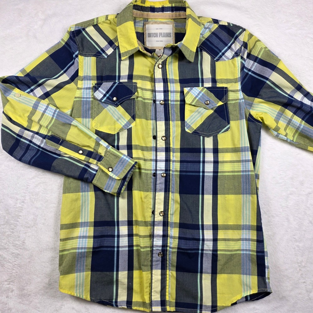 Ditch Plains Western Shirt Mens Medium Yellow Navy‎ Plaid Pearl Snap Excellent